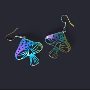 Holographic Oil Slick Filigree Mushroom Earrings